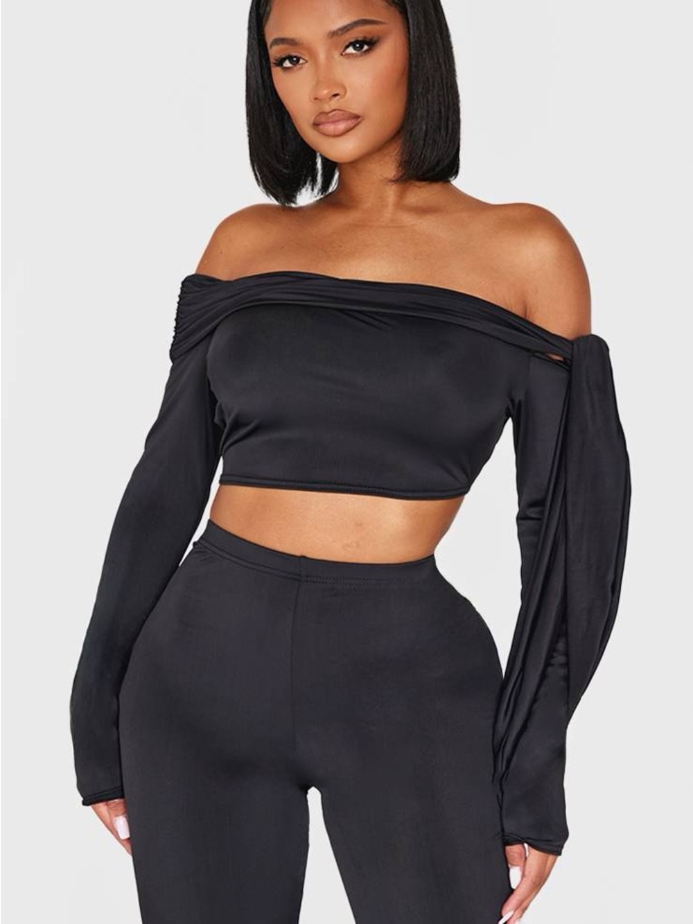 PrettyLittleThing Black Off-Shoulder Tie-Front Long Sleeve Top